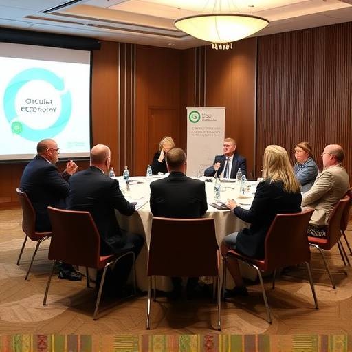 Gruppo di persone sedute attorno a un tavolo che discutono, simbolo di una tavola rotonda sull'economia circolare.