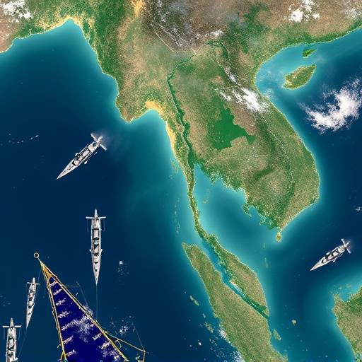 Immagine satellitare del Mar Cinese Meridionale con navi militari