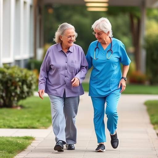Un'infermiera che aiuta un anziano a camminare