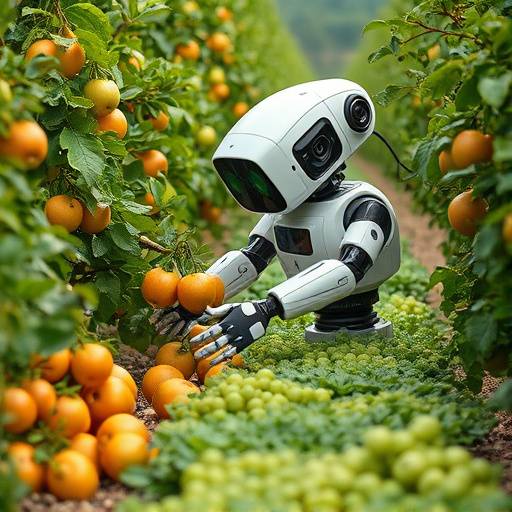 Un robot agricolo che raccoglie frutta in un campo italiano